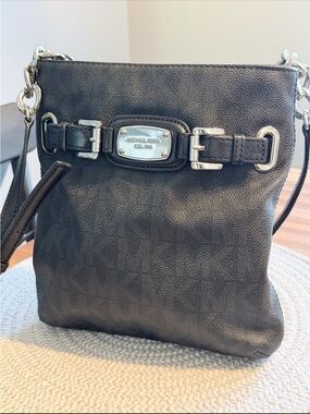 Michael Kors Black Logo-Print Leather Crossbody with Silver Hardware
